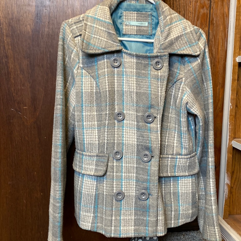 Teal and gray Maurices plaid pea coat. Size medium.